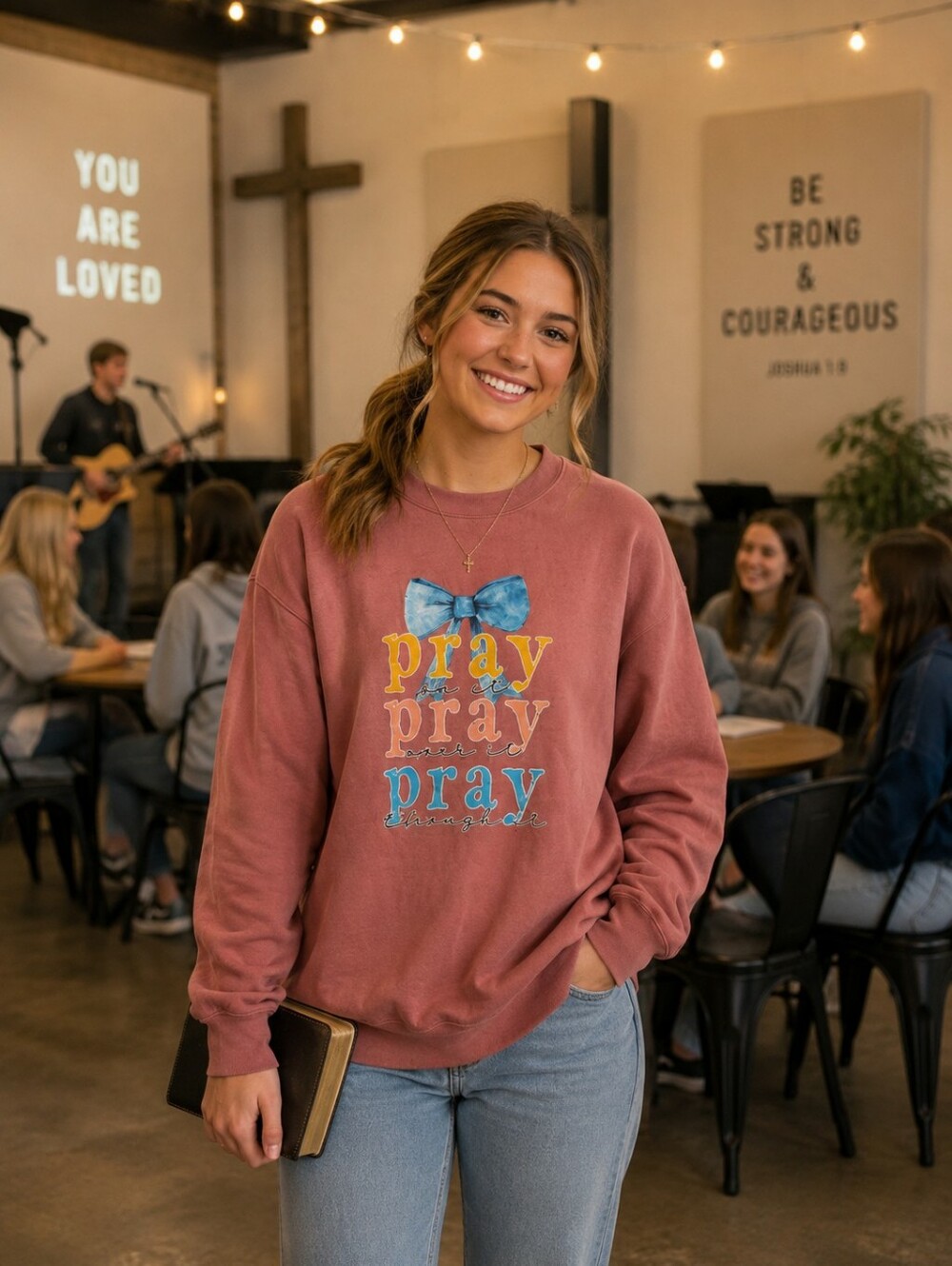 Pray Pray Pray Pink Sweatshirt with Bow Design Sz L